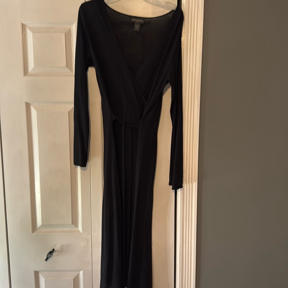 Black rayon and wool wrap dress.